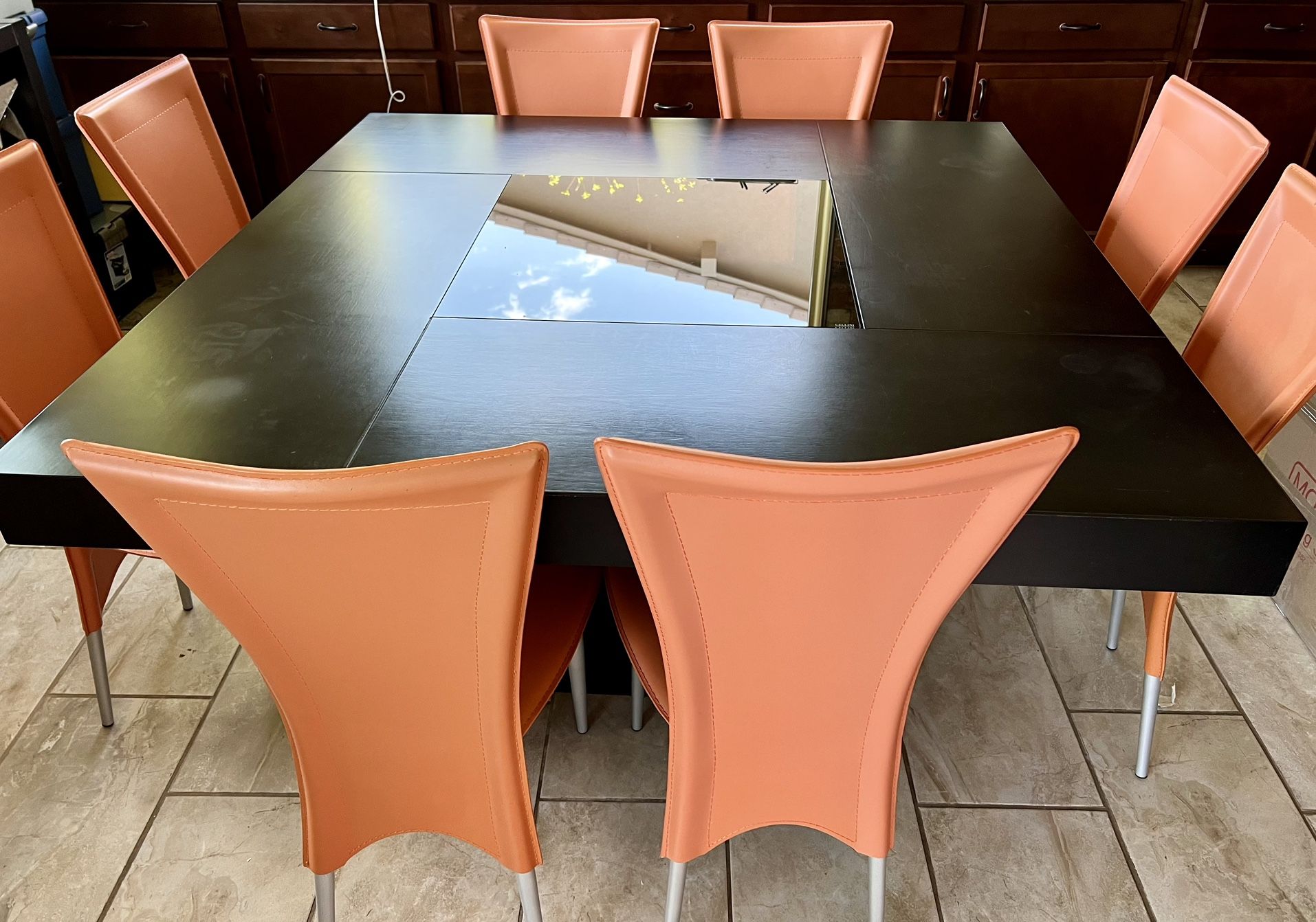 Modern Square Dining Table with 8 Orange Copenhagen Leather Chairs