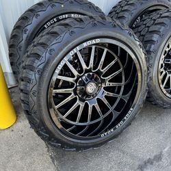 NEW 22x12 gloss black/milled wheels wrapped in RBP 33x12.50r22 tires