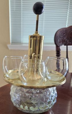 Vintage Brass Liquor Dispenser with Crystal Base and Glasses