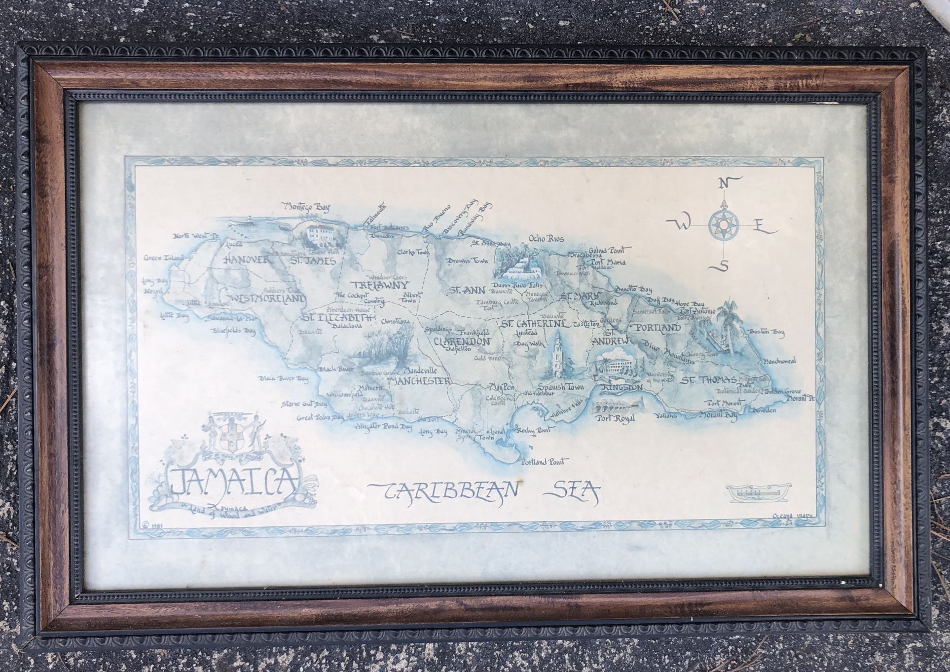 Vintage Caribbean Sea/Jamaica Nicely Framed Map 22 X 14