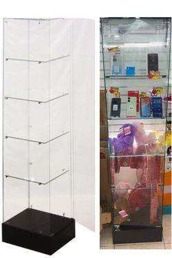 Frameless Tower Display Case Knocked Down Black Vitrina de torre sin marco desmontada, color negro