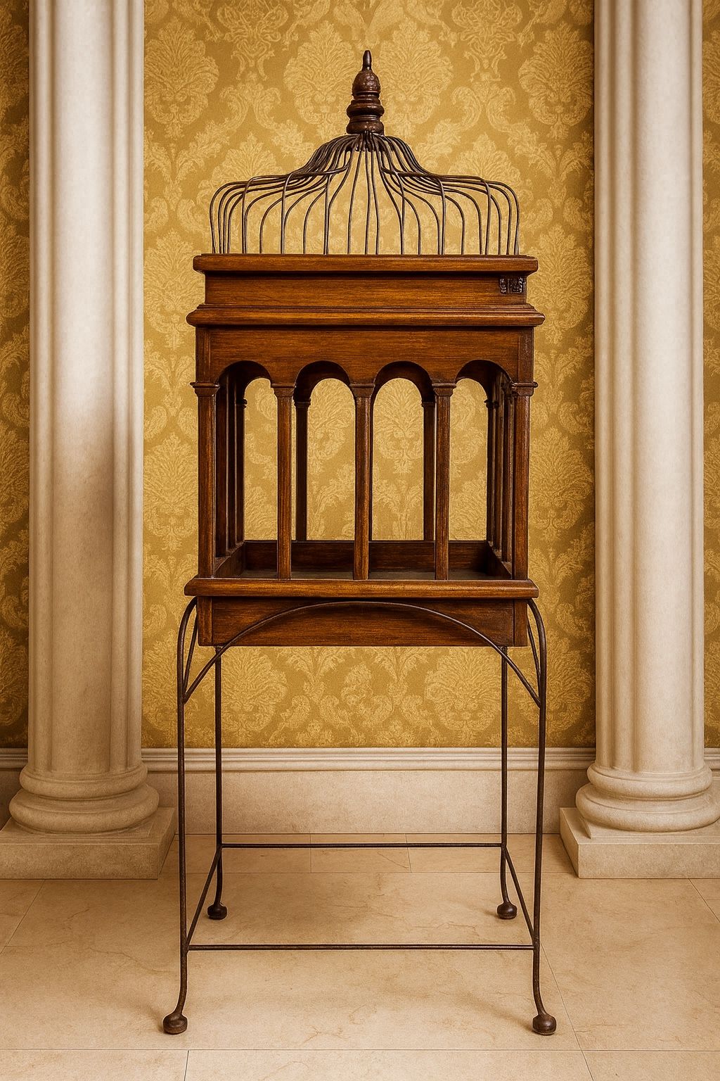 Vintage antique standing birdcage with a wooden base and a metal stand