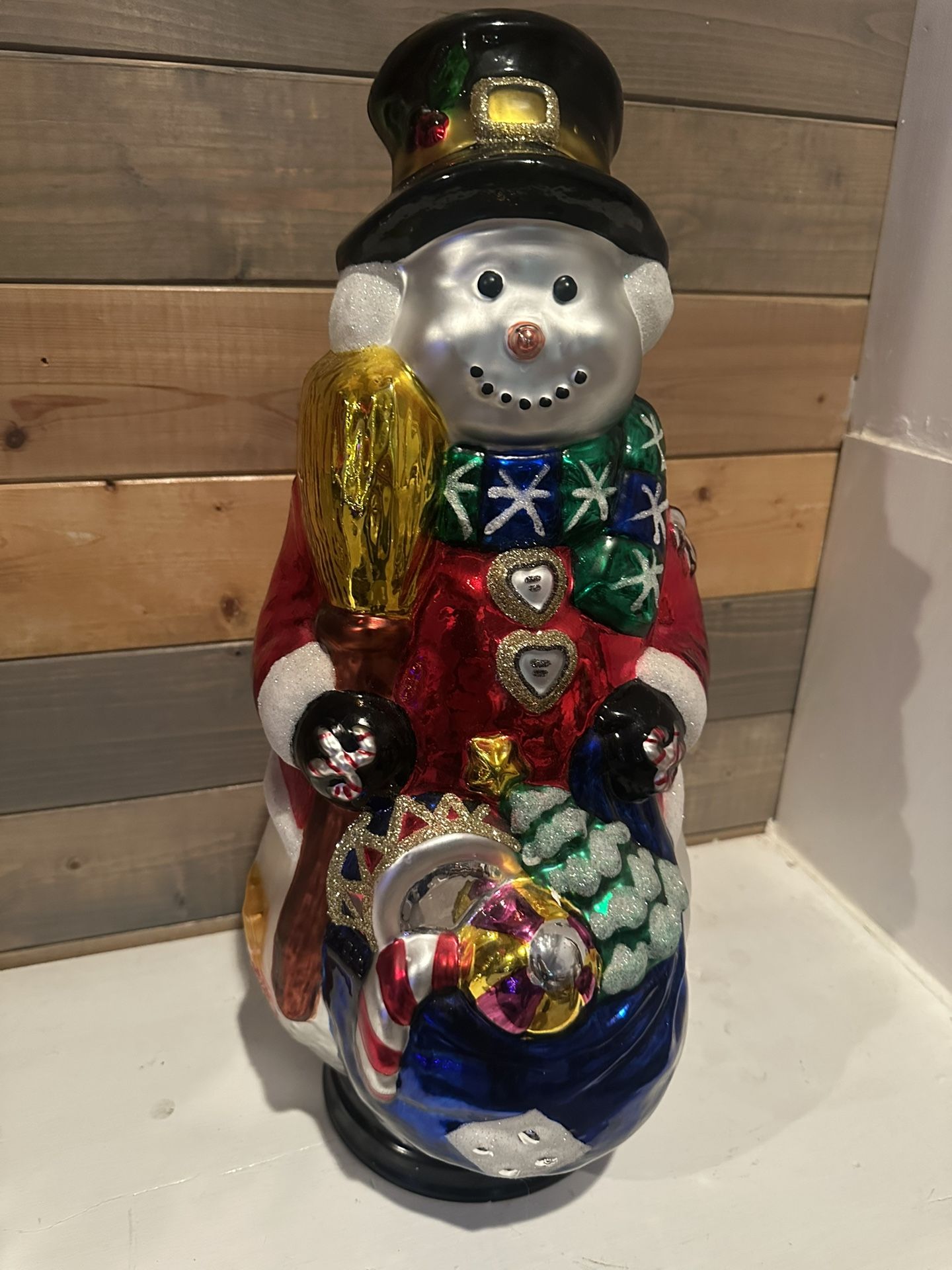 RARE TRADITIONS LARGE 18 " HANDPAINTED GLASS SNOWMAN WITH SACK FIGURE