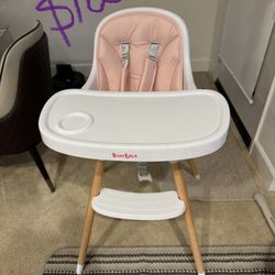 Babilous Baby High Chair, Wooden Highchair with Removable Tray, Adjustable Legs, Cushion, 5-Point Harness and Footrest for Infants, Baby, Toddlers, Pi