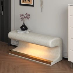 37" Beige PU Leather Entryway Bench w/ LED Sensor Light & Gold Accents [NEW]  <No Assembly Req>