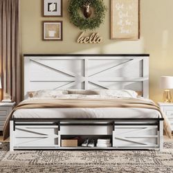 New in box farmhouse queen bed frame with storage
