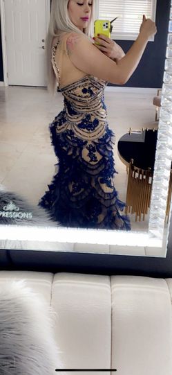 Navy Blue & Nude Beaded Mermaid Evening Gown
