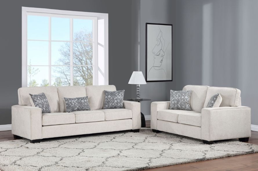 BEIGE MILTON 2 PIECE SOFA AND LOVESEAT WITH 5 ACCENT PILLOWS