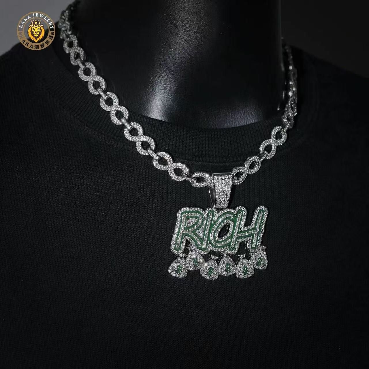Hollow full diamond Cuban chain RICH letter money bag pendant
