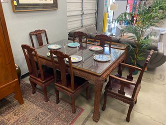 Vintage Rosewood Carved Dragons Dining Set - 6 Chairs