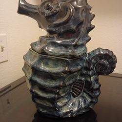 Cracker Barrel Stoneware Blue Seahorse Ceramic Jar