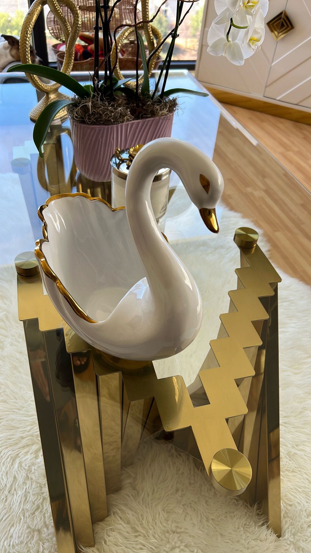 Vintage Porcelain Swan Figurine White Dish Gold Trim