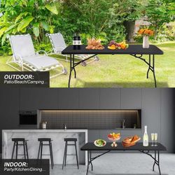 Folding Table Portable, 6ft Plastic Table for Camping Picnics Parties High Load Bearing, NEW 