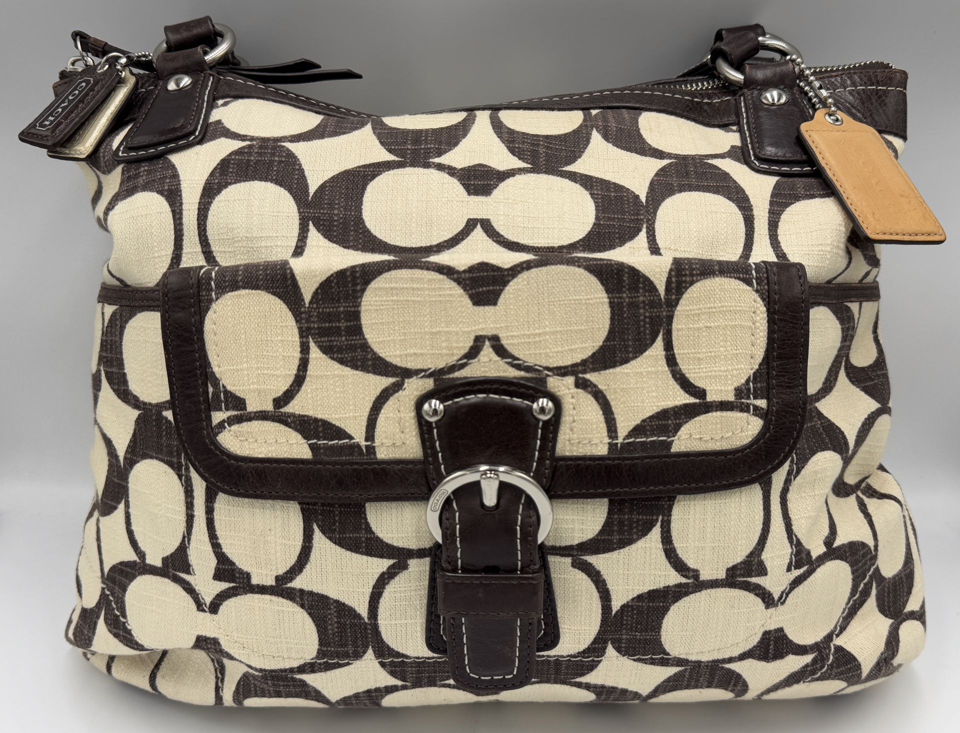 Coach M11(contact info removed)0 Poppy Brown/Cream Canvas Tote Shoulder Bag & Dust Cover