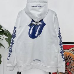 Chrome Rolling Stones Hearts Zip Up Hoodie Blue Lips Denim Jean Tears Hooded Jacket Coat Limited Edition Las Vegas Small S Medium M Large L XL