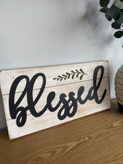 Blessed Wooden Sign Black Metal Letters Wall Art Decor