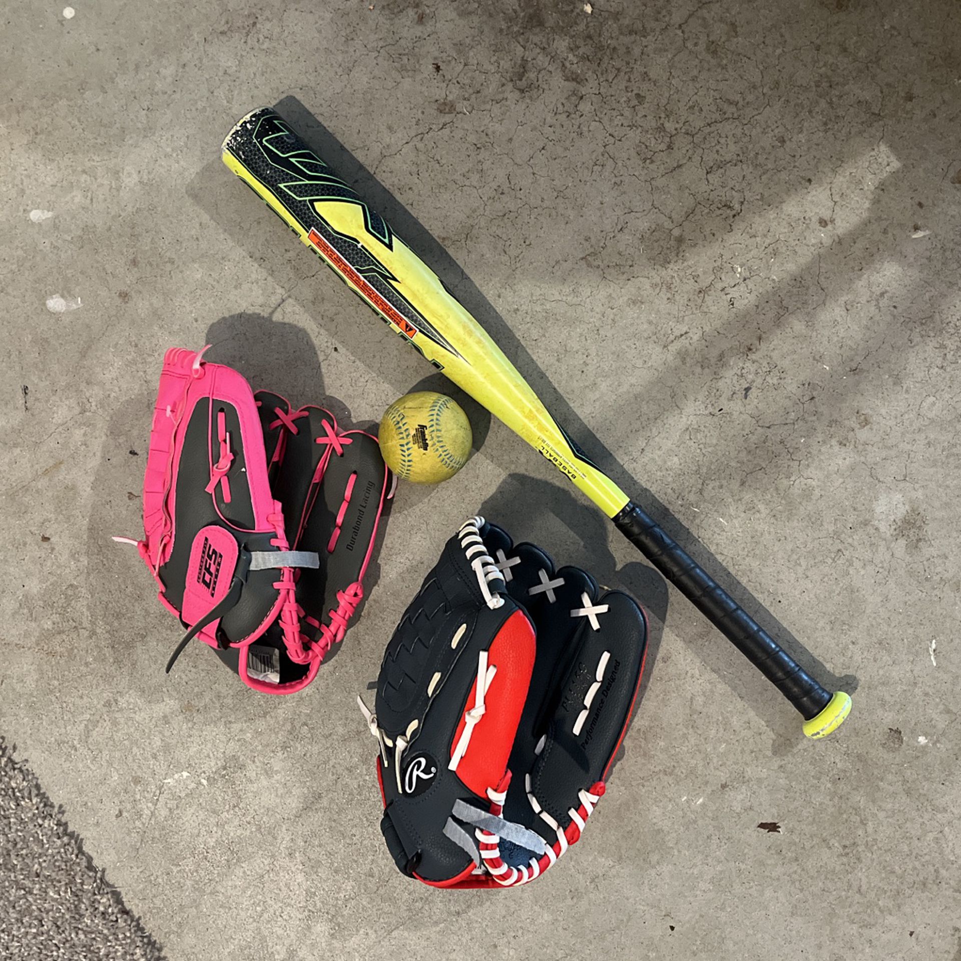Kid’s &  Adult Baseball Gloves, a Kid’s Bat