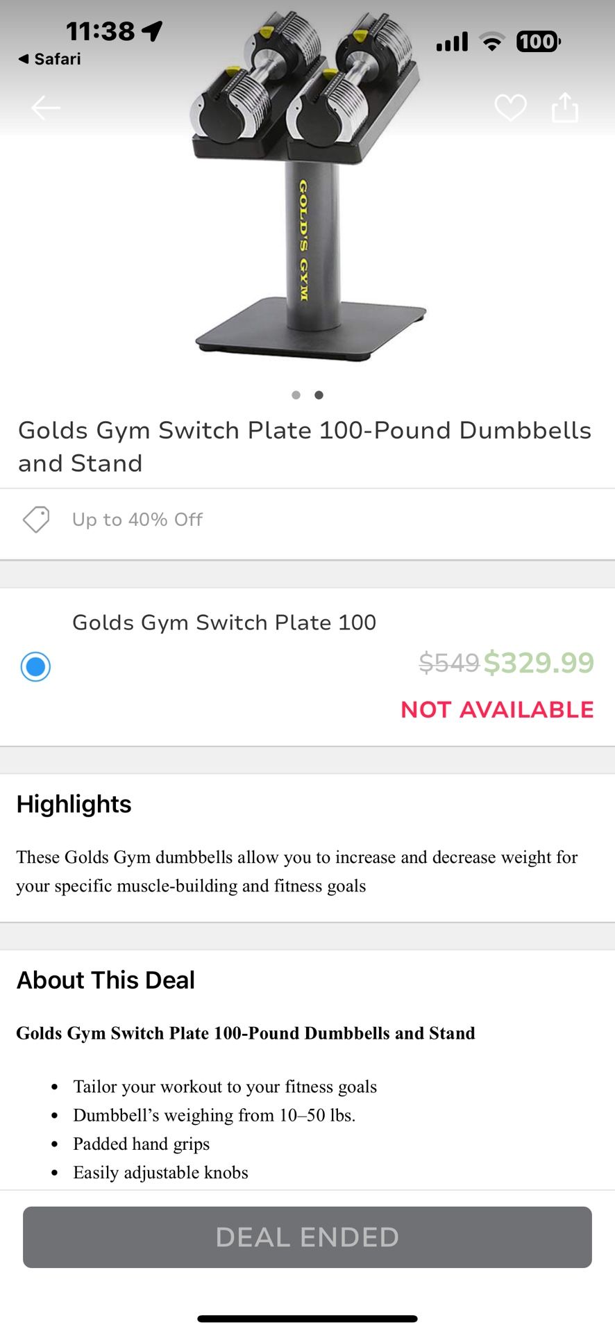 Golds Gym Switch Plate 100 Pound Dumbbells 