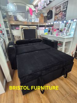 ♻️ Black Corduroy Fabric Sofa,  pull out sleep area folding back cup holders and USB, New in the Box