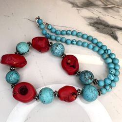 Bohemian Vintage Red Coral & Turquoise Beaded Necklace - Statement Jewelry