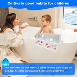 Bathtub Splash Guard, Kids Bathtub Splash Guard with 4 Mesh Pockets and 8 Suction Cups, Silicone Kids Bathtub Shelf Attach to Bath Tub, Baby Bath Toy 