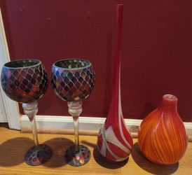 Mosaic Candle Holders and Art Glass Vases Set