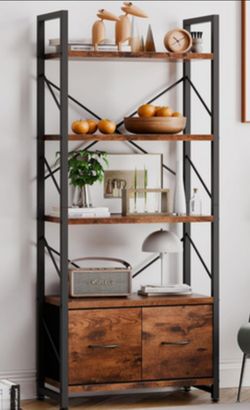 5 Tier Bookshelf with 2 Drawers, Industrial Tall Bookcase, Modern Display Books