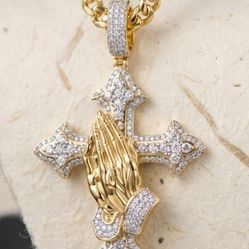 Lab diamond/ diamond Stimulant Cross & Praying Hands Pendant - 14k Gold Vermeil 925 Silver 