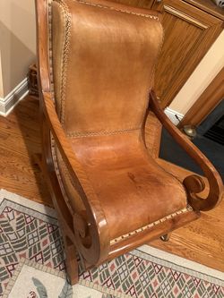 Vintage Leather Wingback Armchair with Wood Frame