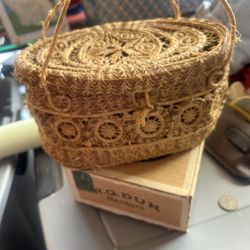 Antique  Woven Straw  Purse And Headband