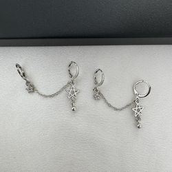 Double Piercing Dangle Chain Star Earrings for Women