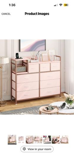 TV Stand with Charging Station, Bedroom Dresser for Living Room TV Stand with 9 Drawers, Pink