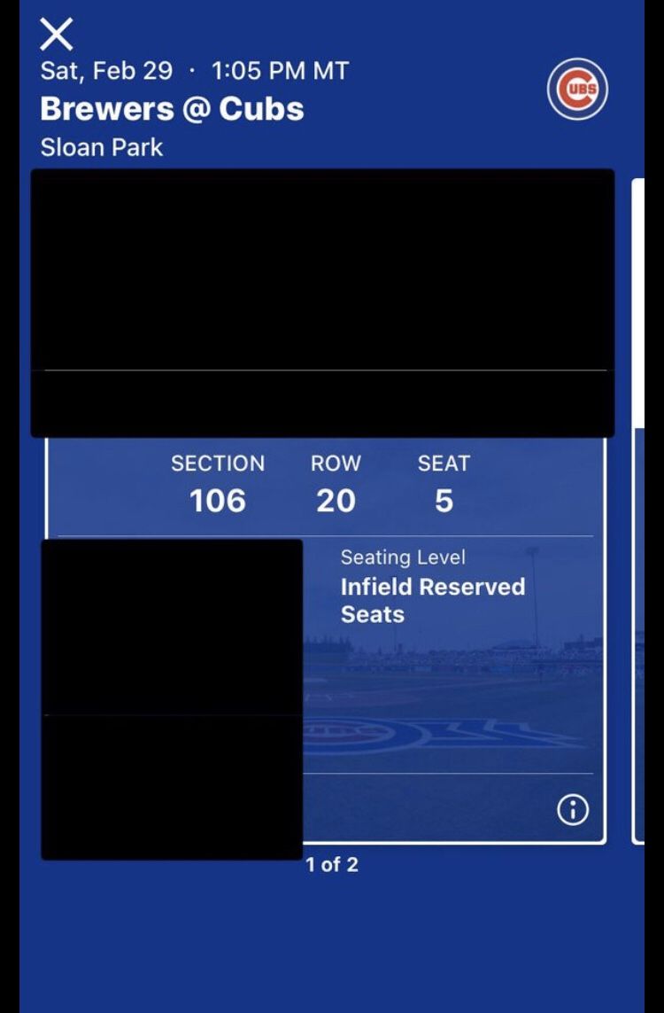 SOLD OUT! X 2 Two tickets Chicago Cubs Milwaukee Brewers infield reserve Spring Training game Saturday February 29, 2020 Sloan park Mesa