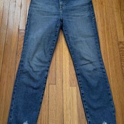 Good American Raw Asymmetric Hem High Rise Jeans, size 4/27