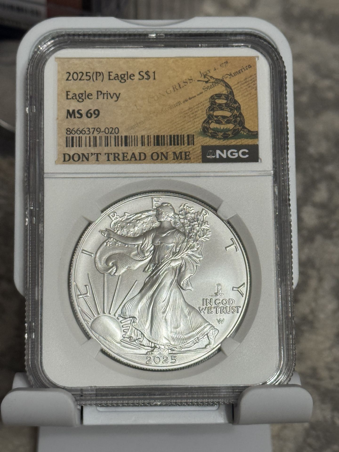 2025(P) American Silver Eagle (Eagle Privy) NGC MS69 Don’t Tread On Me Label