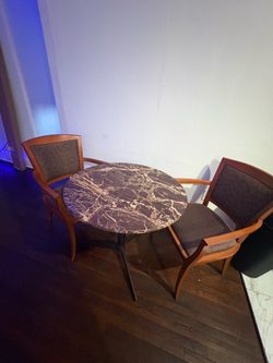 Round cafe/ dining table with matching wood framed chairs