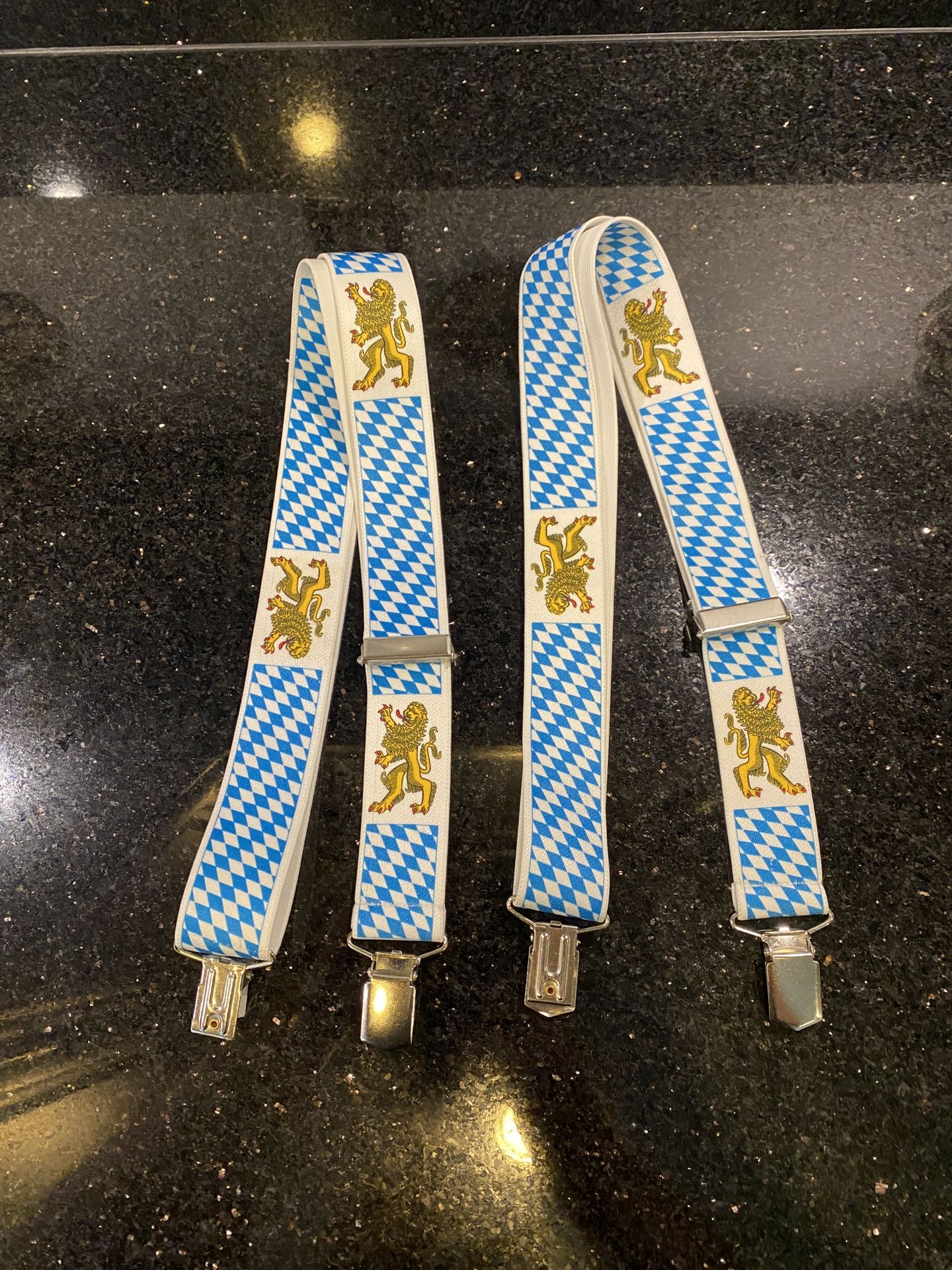 Bavarian Suspenders 4 Sturdy Clips Braces Golden Lions Blue-and-white Diamond