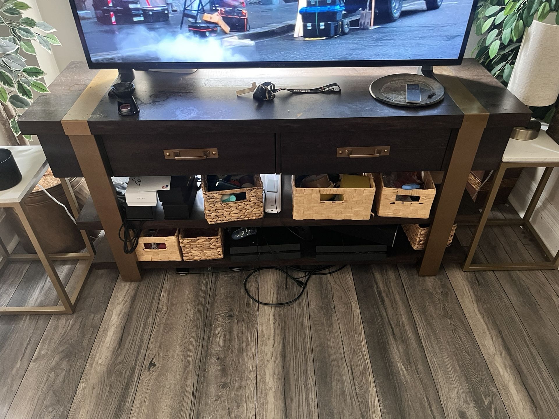 TV console/credenza/bookcase/hallway, table - walnut wood with brass/golden trim