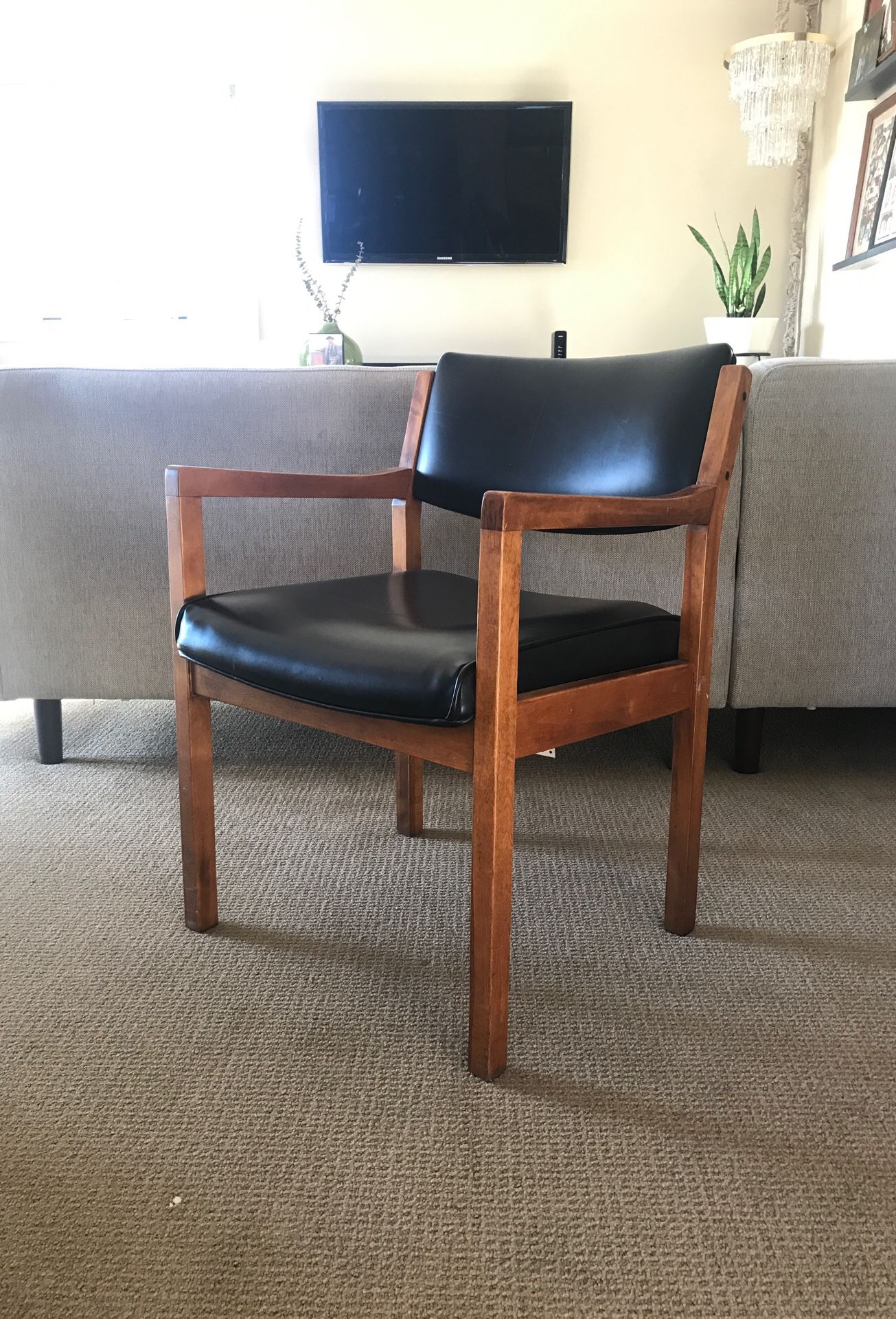 Mid century Jasper Seating Co Armchair walnut and black Naugahyde MCM