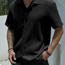 Men's Textured Button Front Shirt, Casual Regular Fit Short Sleeve Collared Top For Summer, Fashion Men's Clothes For Daily Wear