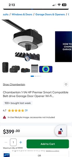 Chamberlain 1-1/4 HP Premier Smart Compatible Belt drive Garage Door Opener Wi-Fi Compatibility and Battery Back-Up LED Light and Camera(s)