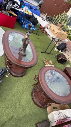 Oval Glass Top Wood Coffee Table Set