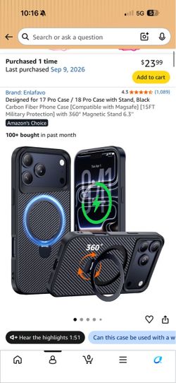 New 17 Pro Case / 18 Pro Case with Stand, Black Carbon Fiber Phone Case [Compatible with Magsafe] [15FT Military Protection] with 360° Magnetic Stand 