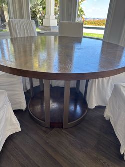 Round Wood Dining Table with 6 Slipcovered Chairs