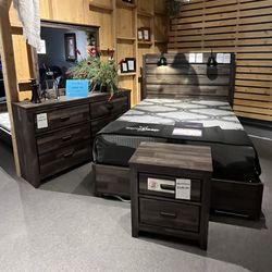 Grey Queen Bed, Dresser, Mirror And One Nightstand