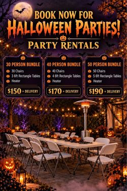 Tables, chairs, heaters, popup canopy