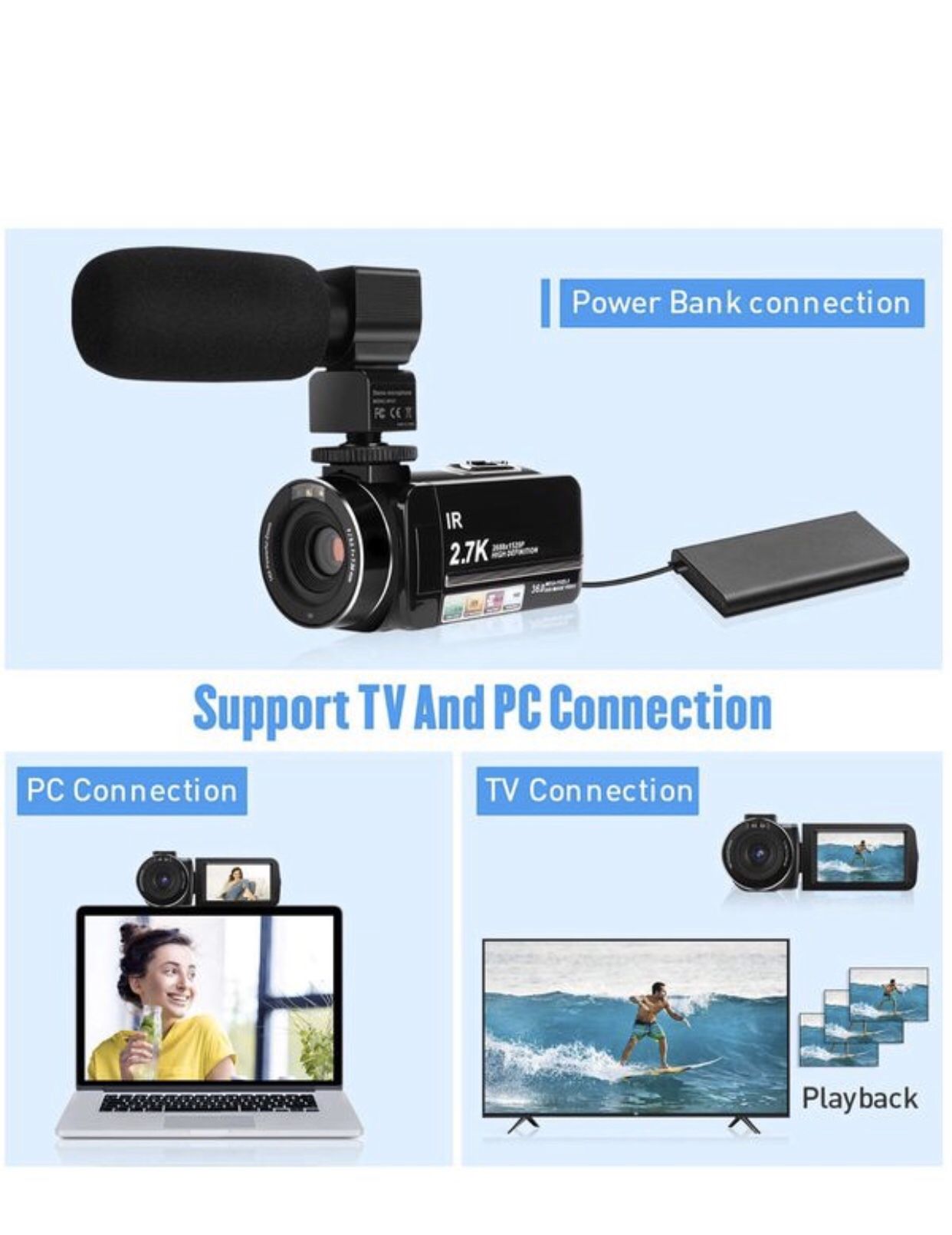2.7K Video Camera HD Vlogging Camera Camcorder for YouTube 3.0" IPS Touch Screen IR Night Vision 16X Digital Zoom Recorder with Microphone,Len Hood,