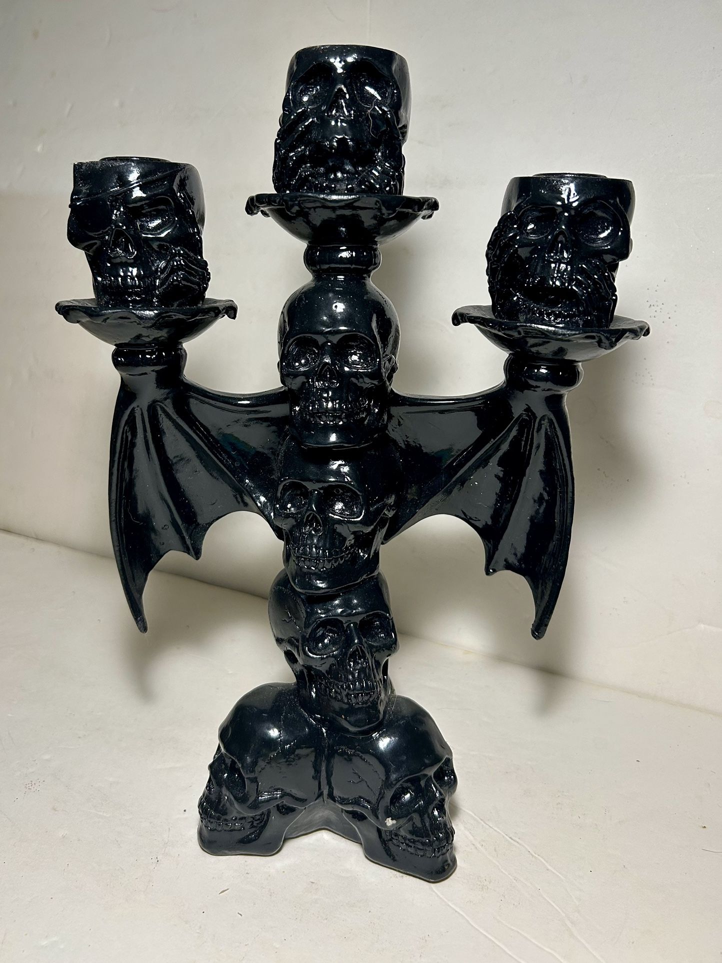 Halloween Gothic Vintage Black Skulls & Angel Of Death 3 Arm Candelabra Black Heavy Glass
