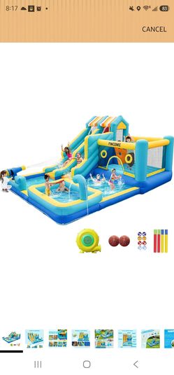 FINCOME Inflatable Bounce House, 10 in 1 Double Water Slide Bounce House with 750W Blower, Climbing Wall, Jumping, Water Gun, Splash Pool, Basketball