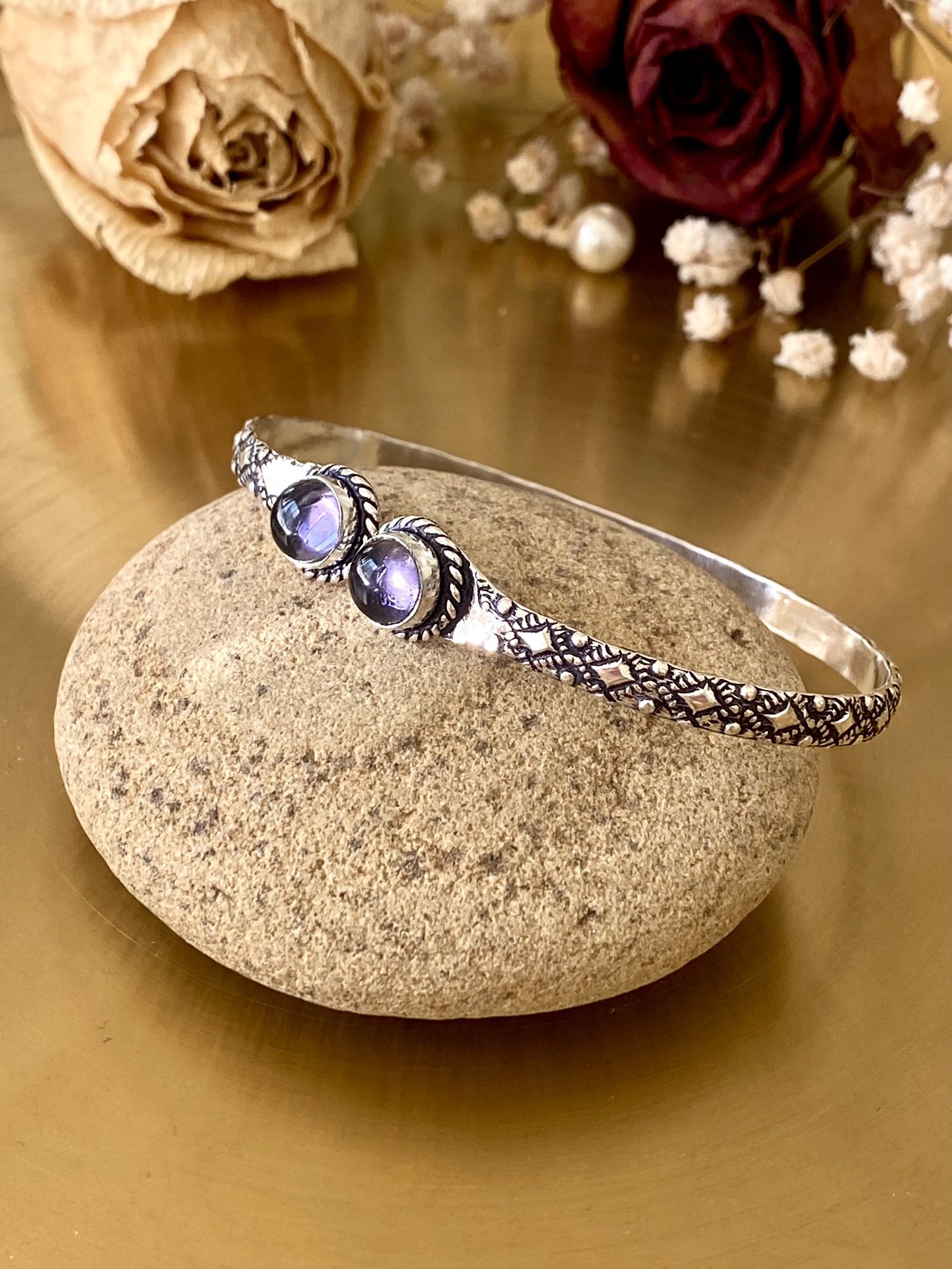 Natural Amethyst 925 Sterling Silver Overlay Embossed Adjustable Bangle